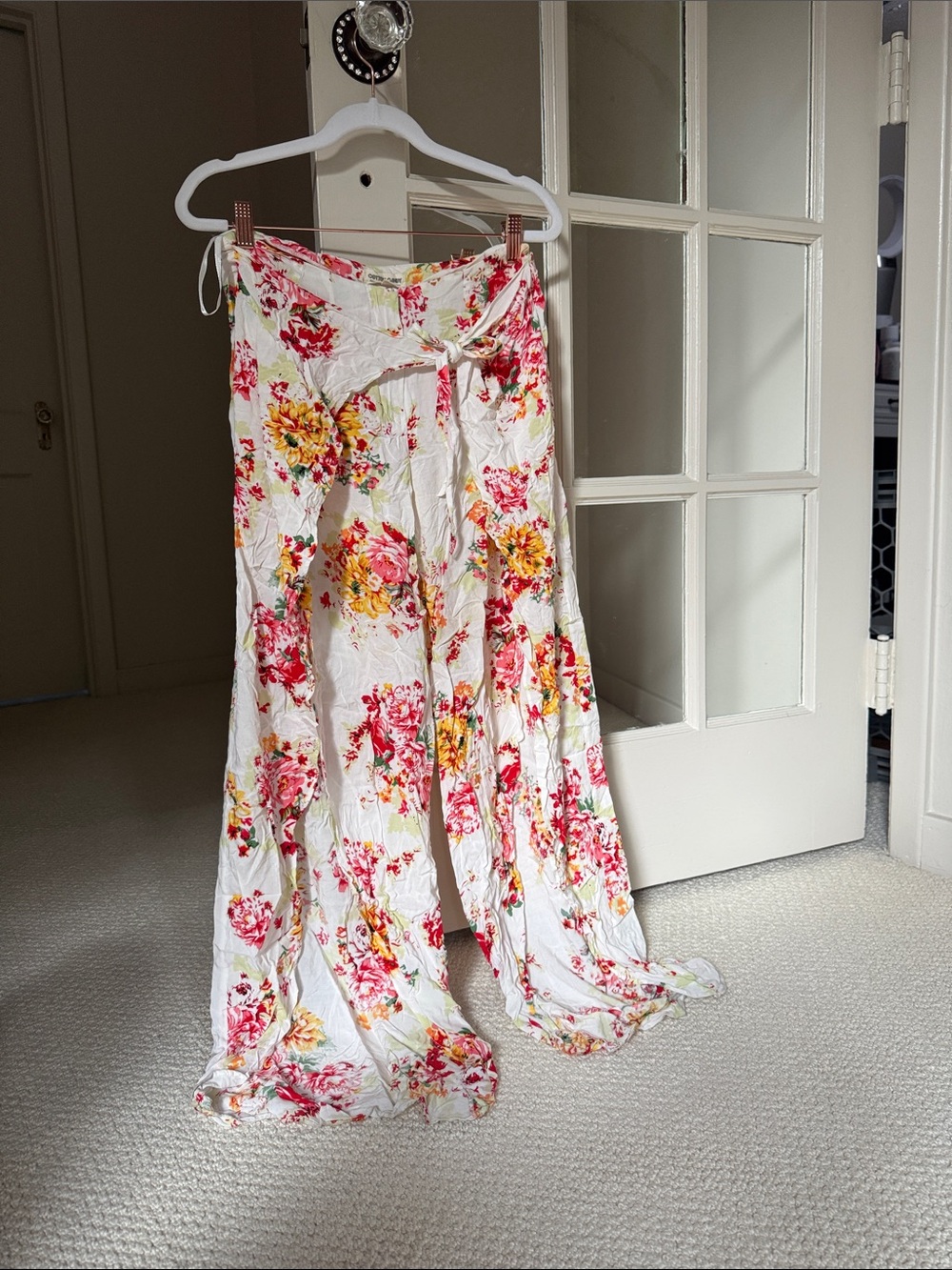 Floral Wide-Leg Beach Pants with Slit Legs and Tie